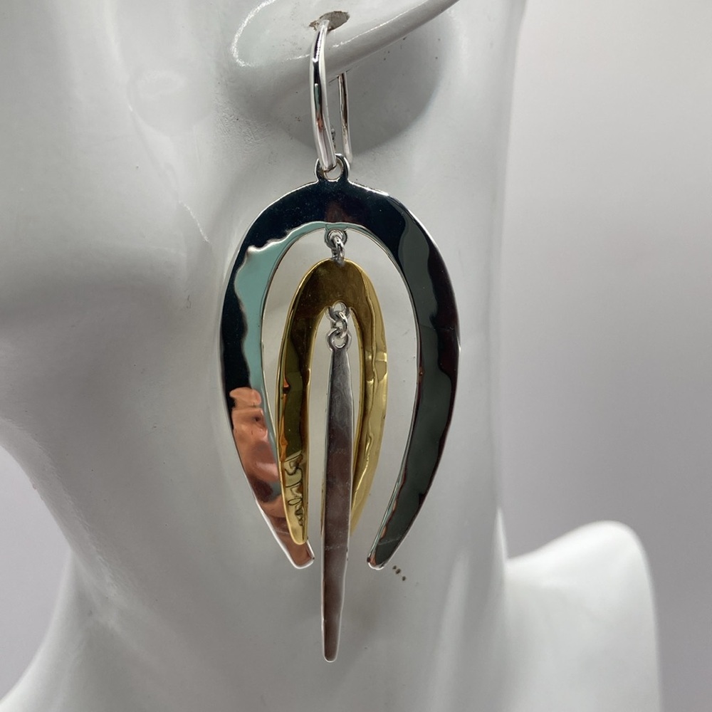 Robert Lee Morris Hammered 2 Tone Dangle Earrings Yellow White Bronze Pierced - Picture 6 of 12